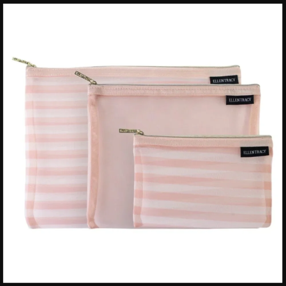❣️2/$36 NWT Ellen Tracy 3 Piece Mesh Pouch Set Travel Storage Pink Stripes $35
